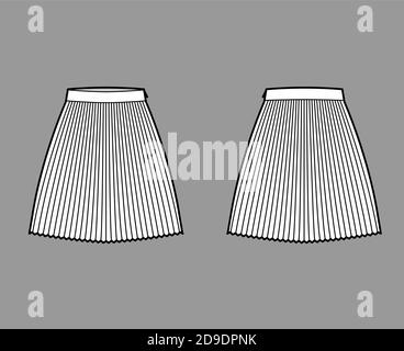 Rock Sunray Plite technische Mode Illustration mit unter-dem-Knie-Länge Silhouette, kreisförmige Fülle. Flacher Boden Schablone vorne, hinten, weiße Farbe Stil. Frauen, Männer, Unisex CAD Mockup Stock Vektor