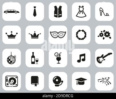 Prom Night Icons Schwarz & Weiß Flat Design Set Groß Stock Vektor