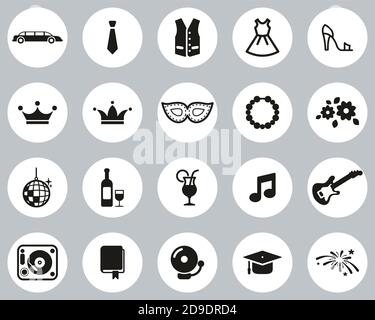 Prom Night Icons Schwarz-Weiß Flat Design Kreis Set Groß Stock Vektor