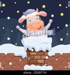 Cute Cartoon Kuh Charakter stehen aus dem Kamin. Chinesisches Neujahr der Tierkreis-Ochsenkuh. Vektorgrafik. Stock Vektor