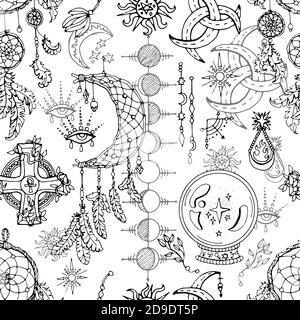 Nahtloses Muster mit magischen Objekten und spirituellen Designelementen - Traumfänger, Kristall, Mondphasen. Mystischer Hintergrund für Halloween, Esoterik, bekam Stock Vektor