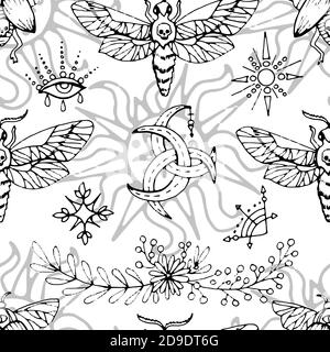 Nahtloses Muster mit geheimnisvollen Symbolen, Motten und magischen Objekten auf Weiß. Mystischer Hintergrund für Halloween, Esoterik, Gothic und okkultes Konzept Stock Vektor