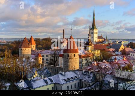 Tallinn, Estland - 4. Januar 2020: Blick auf die Altstadt von Tallinn vom Aussichtspunkt. Rote Dächer, Sonnenuntergang Stockfoto