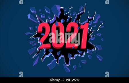 Neujahrskarte 2021. 3D-Text. Schwarzer Riss in der blauen Wand. Webbanner, Flyer, Hintergrund, Poster zur Silvesterparty 2021. D Stock Vektor