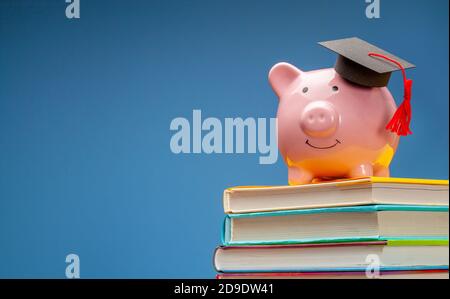 Sparschwein im Absolventenhut auf Stapel von Büchern. Blauer Hintergrund. Platz für Text kopieren. Stockfoto