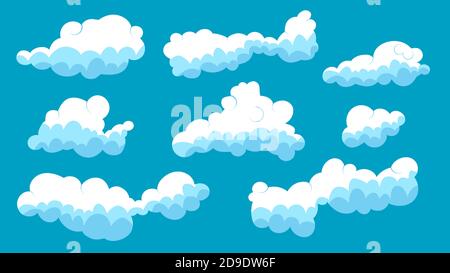 Set von blauen Himmel, abstrakte Cartoon-Wolken. Verschiedene Formen und Größe Wolken Symbole sind in blauen Himmel. Vektorgrafik Stock Vektor
