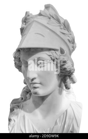 Griechische alte Statue der Göttin Athena. Frau Marmorkopf in Helmskulptur isoliert auf weiß Stockfoto