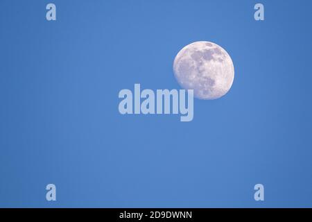 Fast Vollmond auf einem blauen Himmel während des Tages detailliert Zeit Stockfoto