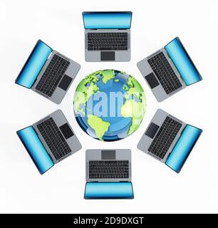Laptop-Computer rund um den Globus. 3D-Illustration. Stockfoto