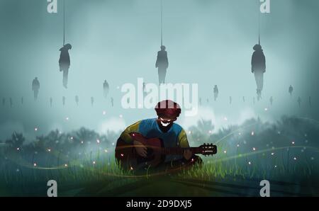 Digitale Illustration Malerei Design-Stil ein Teufel spielen klassische Gitarre und sitzen auf der Wiese, zwischen Glühwürmchen und hängenden Leiche, Alptraum. Stockfoto