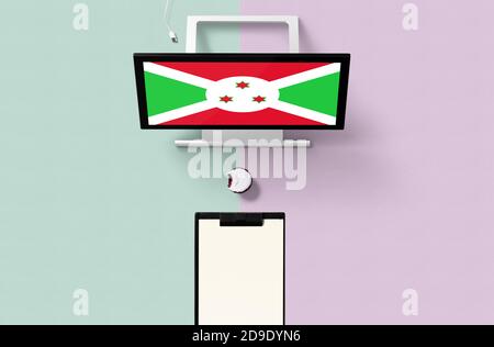 Burundi Nationalflagge auf dem Computerbildschirm Draufsicht, Cupcake und leeres Notizbuch für die Planung. Minimalistisches Konzept mit türkisfarbenem und violettem Hintergrund. Stockfoto