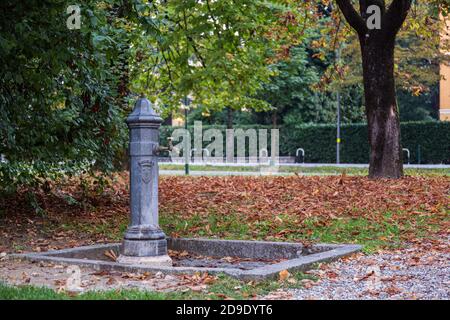 Wasserhahn in einem Park Quelle von Trinkwasser mit abgefallenen braunen Blättern im Hintergrund. Herbststimmung Stockfoto