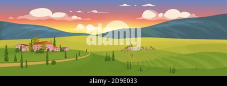 Sommer Sonnenaufgang im Dorf flache Farbe Vektor Illustration Stock Vektor