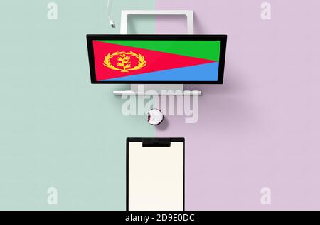 Eritrea Nationalflagge auf Computer-Bildschirm Draufsicht, Cupcake und leere Notiz Papier für die Planung. Minimalistisches Konzept mit türkisfarbenem und violettem Hintergrund. Stockfoto