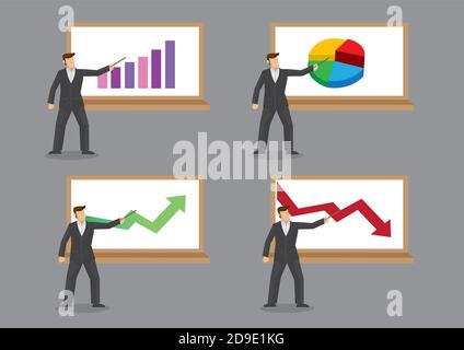 Satz von vier Vektor-Illustrationen mit Geschäftsmann vor dem Diagramm für die Geschäftspräsentation isoliert auf grauem Hintergrund stehen. Stock Vektor