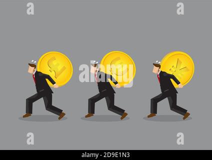 Set von drei Vektor-Illustrationen von Cartoon Geschäftsmann Charakter trägt riesige schwere Goldmünze mit verschiedenen Währungssymbolen auf dem Rücken. Stock Vektor