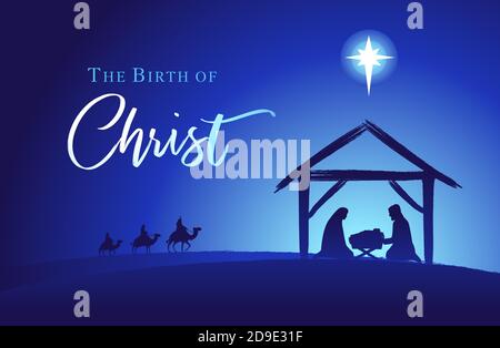 Geburt Christi, Heilige Familie und Krippe. Baby Jesus Erreichen der drei weisen Könige tragen Geschenke und Stern von Bethlehem, Weihnachtskrippe Grafik-Design Stock Vektor