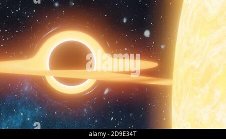 Massives schwarzes Loch saugt Materie von Stern - Supernova Ia. 3D gerenderte Illustration. Stockfoto