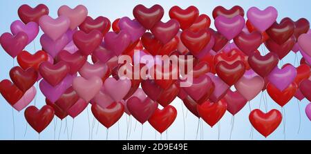 Viele rote herzförmige Luftballons. 3D-Darstellung. Stockfoto