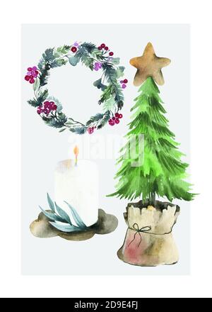 Set von Doodle Weihnachten Grußkarten. Hand gezeichnet niedlichen Icons. Skandinavischer Stil. Weihnachtsbaum, Häuser, Girlande, Schneekugel und Schriftzug. Stockfoto