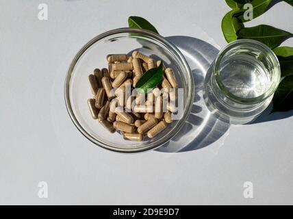 Glasschüssel mit Kapseln und Glasgefäß mit Wasser auf weißem Hintergrund. Grüne Blätter. Die Idee von ​​taking Pillen von Nahrungsergänzungsmitteln Mineralien Vitamine. Stockfoto