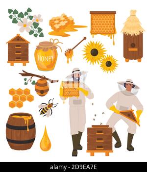 Imkerset, flache Vektorgrafik. Gesunde natürliche Lebensmittel. Imkereifarm. Stock Vektor