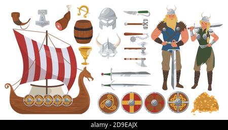 Viking Set, flache Vektor isolierte Illustration. Skandinavische Krieger Kostüm, Waffen, drakkar Schiff. Stock Vektor