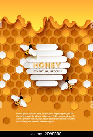 Honey Vektor Poster Vorlage. Papier geschnitten Handwerk Stil Waben mit fließenden süßen Bio-Honig und Honigbienen. Stock Vektor