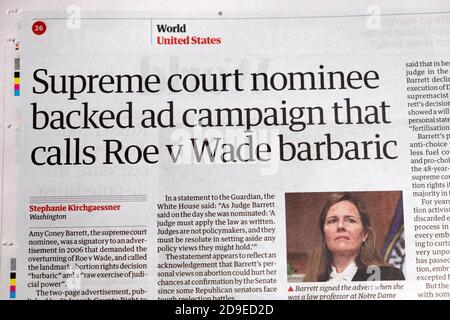 US 'Supreme Gericht Nominee unterstützt Ad-Kampagne, die Roe ruft v Wade Barbaric' Amy Coney Barrett Guardian Zeitung Schlagzeile 2 Oktober 2020 in London
