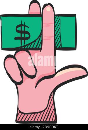 Hand hält Geld Symbol in Farbe Zeichnung. Service Tipp Hotel Kellnerin Restaurant Bestechung Genugtuung Stock Vektor