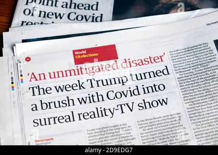 "Ein ungetrübenes Desaster" "die Woche, in der Trump einen Pinsel drehte Covid in surreale Realität-TV-Show "Guardian Zeitung Schlagzeile auf innen Seite London UK Stockfoto