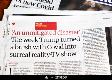 "Ein ungetrübenes Desaster" "die Woche, in der Trump einen Pinsel drehte Covid in surreale Realität-TV-Show "Guardian Zeitung Schlagzeile auf innen Seite London UK Stockfoto