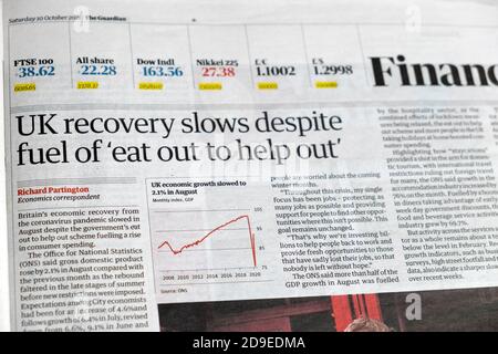Guardian Zeitung Financial Inside page covid 19 Coronavirus Artikel Überschrift „die Erholung in Großbritannien verlangsamt sich trotz der Tatsache, dass man zur Unterstützung auswärts essen muss Aus 2020 London Stockfoto