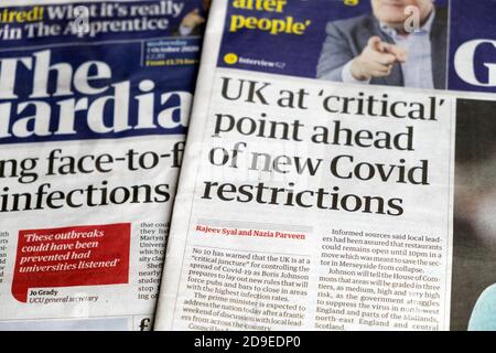 „Großbritannien steht an einem kritischen Punkt vor neuen Covid-Beschränkungen“ Guardian Titelseite Zeitung covid coronavirus Artikel Schlagzeile 20 September 2020 London, Großbritannien Stockfoto