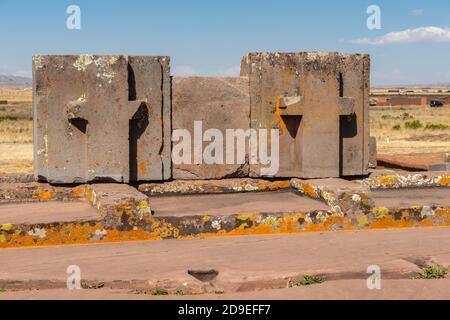 Archiologische Stätte von Pumapunku, Tiwanaku oder Towanacu, Altiplano, Gemeinde La Paz, Bolivien, Lateinamerika Stockfoto