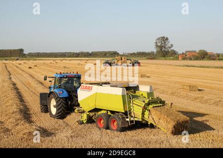 Ein Traktor mit Ballenpresse stellt Strohballen her Ein ehemaliges Weizenfeld in der niederländischen Landschaft im Sommer Und zwei Traktoren laden Ballen an einem Wagen Stockfoto