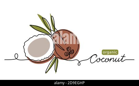 Coconut einfache Vektorlinie Illustration. Einzeilige Kunstzeichnung mit Schriftzug Bio-Kokos Stock Vektor