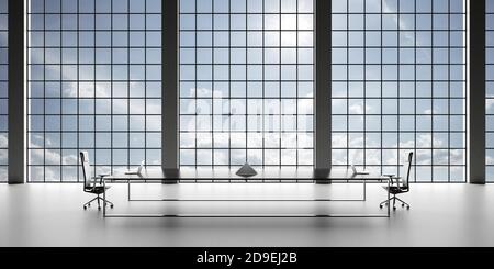 Modernes Büro auf einem Wolkenkratzer. Leerer Tagungsraum und Konferenztisch mit Laptops 3d Rendering 3d-Illustration Stockfoto