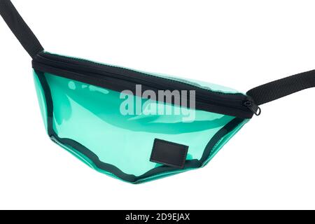 Lackierte transparente grüne Gürteltasche auf weißem Hintergrund isoliert. Nahaufnahme Stockfoto