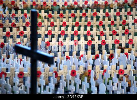 Vor dem Gedenktag werden vor der Abtei Mohnlinien und Kreuze aufgestellt.Hunderte von Kreuzen mit Mohnblumen werden im Gelände der Abtei in Vorbereitung auf den Gedenktag in der Westminster Abbey verlegt. Stockfoto