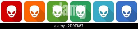 Alien Face Icon Set, flaches Design Vektor-Illustration in 6 Farben Optionen für webdesign und mobile Anwendungen Stock Vektor