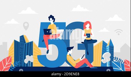 5G-Netz-Funktechnologie Konzept Vektor-Illustration. Cartoon-Benutzer Menschen mit Gadgets mobile Geräte Vernetzung, mit High-Speed-Internet, große Buchstaben 5g und winzige Zeichen Tech-Hintergrund Stock Vektor