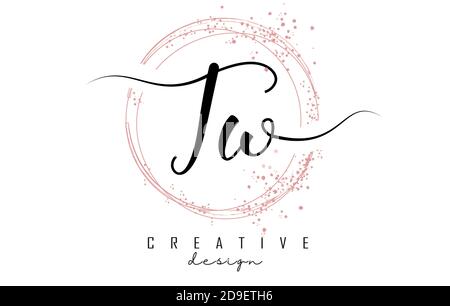 Handgeschriebenes TW T W Letter Logo mit funkelnden Kreisen mit rosa Glitzer. Dekorative Vektorgrafik mit T- und W-Buchstaben. Stock Vektor