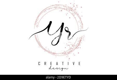 Handgeschriebenes YR Y R Letter Logo mit funkelnden Kreisen mit rosa Glitzer. Dekorative Vektorgrafik mit Y- und R-Buchstaben. Stock Vektor