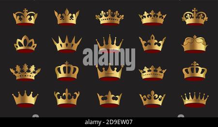 Set von Gold Vektor King Kronen Symbol auf schwarzem Hintergrund. Vektorgrafik. Emblem, Symbol und Royal Symbole. Stock Vektor