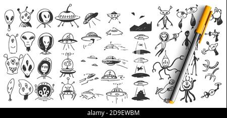 Aliens Doodle Set Stock Vektor