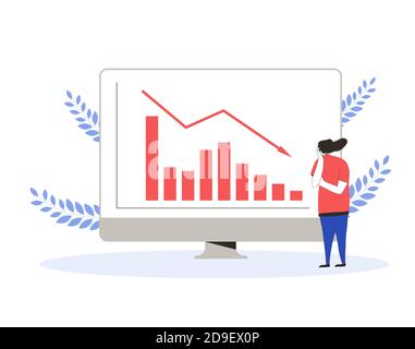 Börsencrash. Investieren in die Anleihen des Unternehmens scheitern. Devisenhändler. Traurige Frau mit Grafik von Aktien, die auf dem Computerbildschirm abstürzen. Reduzieren der Pr Stock Vektor