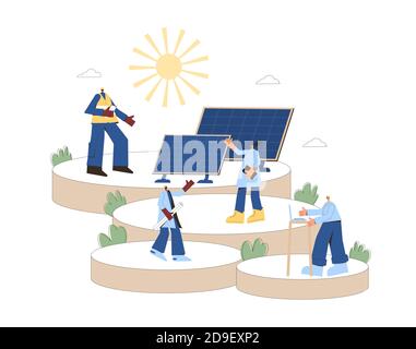 Konzept des Solarsystems. Installation von Solarmodulen. Außendiensttechniker, Arbeiter, Techniker und Manager. Szene mit professionellem Team und Panels Stock Vektor