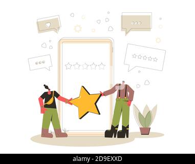 Bewertung durch Kunden. Feedback-Konzept. Glückliche Kunden stehen mit goldenen Sternen mit Telefon. Ruf der App im Online-Shop. Ranking der Shopping-Website. V Stock Vektor