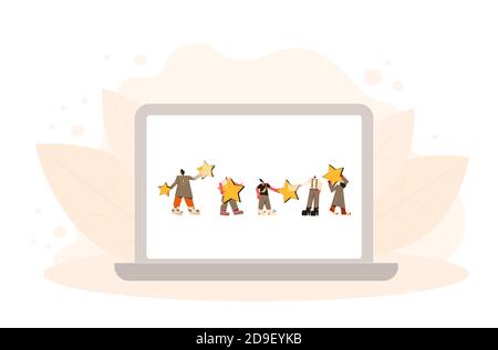 Bewertung durch Kunden. Feedback-Konzept. Glückliche Kunden stehen mit goldenen Sternen auf dem Laptop-Bildschirm. Reputation im Online-Shop. Ranking der Shopping-Website. Stock Vektor